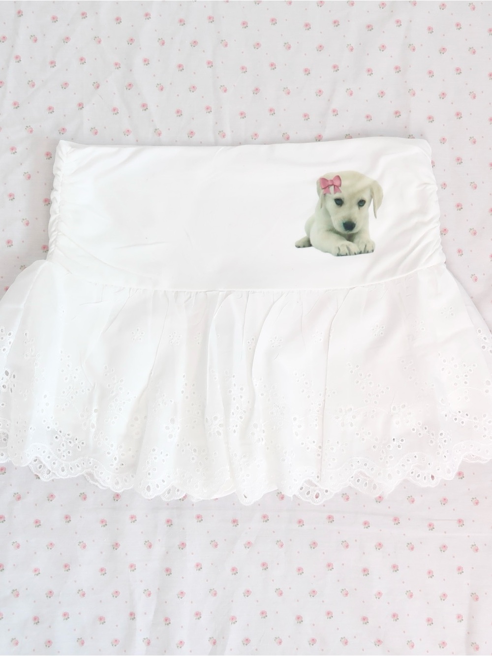 white eyelet lace mini skirt foldover puppy bow ruffle coquette y2k